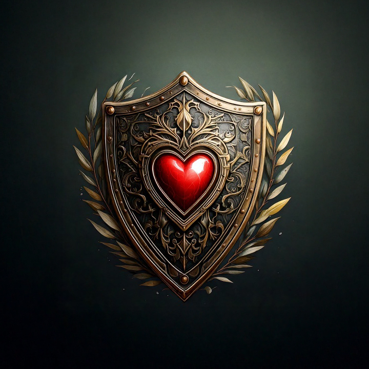Metal shield with a heart at its center surrounded by olive branches.